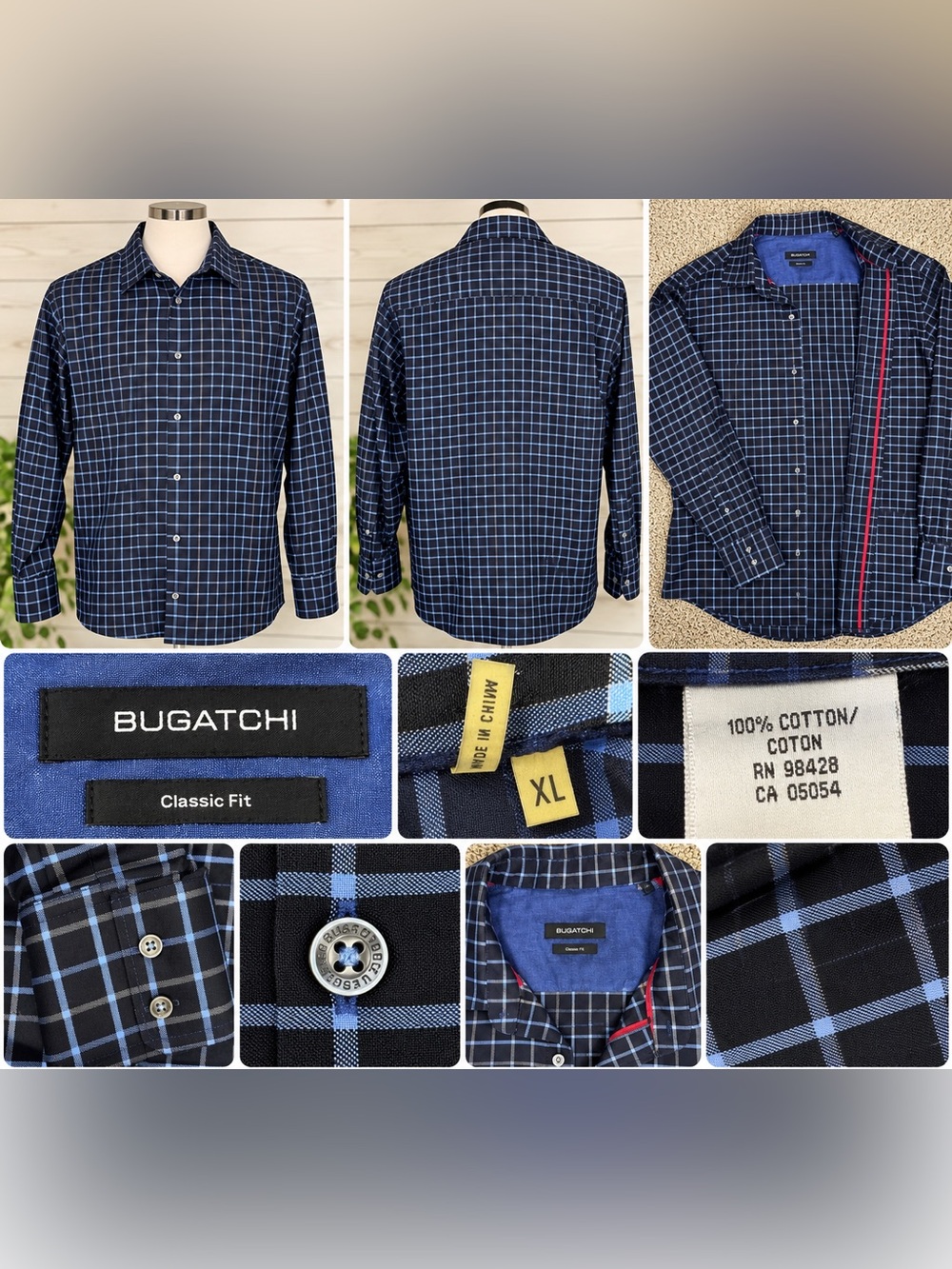 Bugatchi Navy and Light Blue Windowpane Classic Fit Shirt